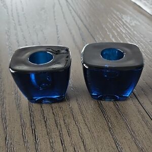 Elegant Blue Glass VIKING Candle Holders - Vintage